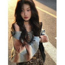 Turn up/陳腿兒 漸變條紋一字肩針織開衫女慵懶風辣妹兩穿毛衣ins