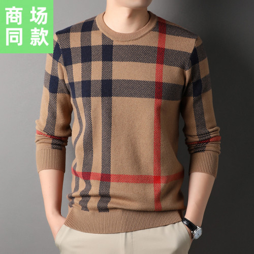 秋冬男圓領織針加厚毛衣格子時尚提花潮流帥氣百搭休閒打底羊毛衫