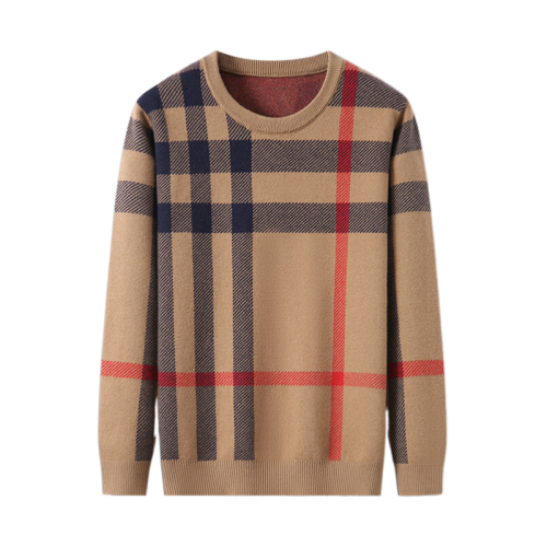 秋冬男圓領織針加厚毛衣格子時尚提花潮流帥氣百搭休閒打底羊毛衫