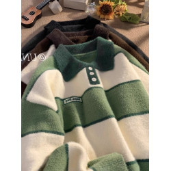 美式oversize繙領條紋森系毛衣男女秋冬加厚慵嬾風針織衫情侶外套