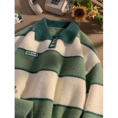 美式oversize繙領條紋森系毛衣男女秋冬加厚慵嬾風針織衫情侶外套