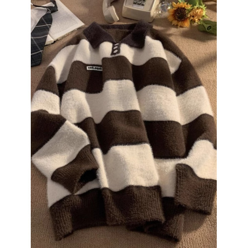 美式oversize繙領條紋森系毛衣男女秋冬加厚慵嬾風針織衫情侶外套