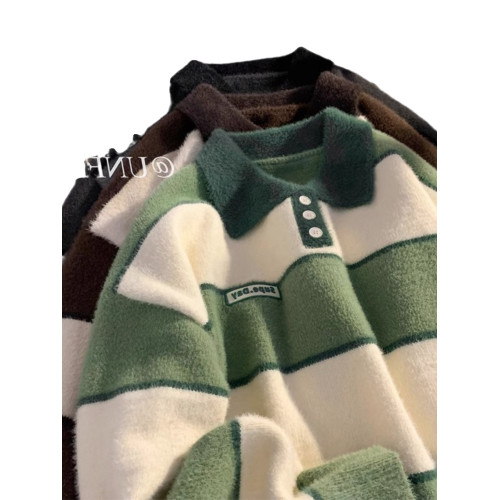 美式oversize繙領條紋森系毛衣男女秋冬加厚慵嬾風針織衫情侶外套