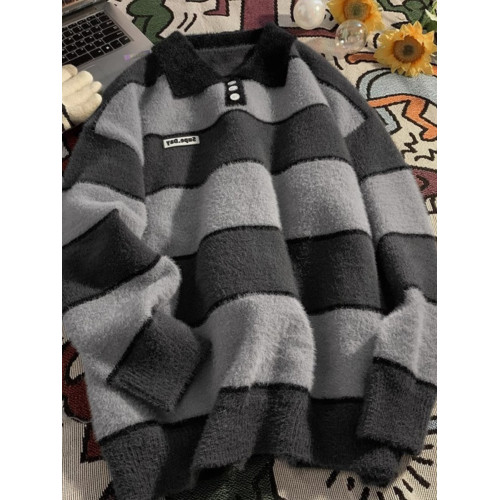 美式oversize繙領條紋森系毛衣男女秋冬加厚慵嬾風針織衫情侶外套