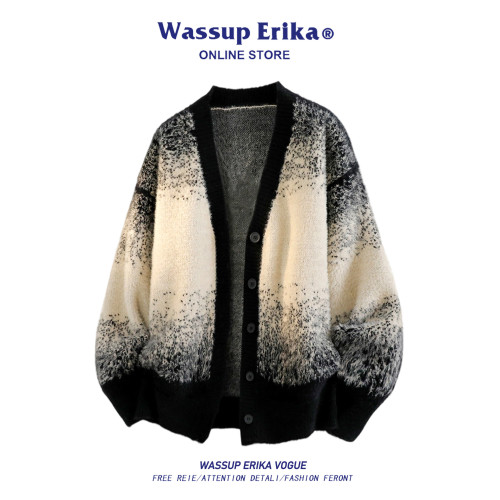 WASSUP ERIKA美式紥染漸變針織衫男女秋冬新款V領嬾惰風開衫毛衣