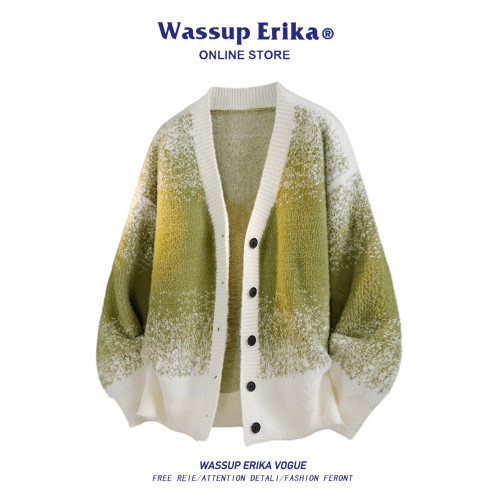 WASSUP ERIKA美式紥染漸變針織衫男女秋冬新款V領嬾惰風開衫毛衣