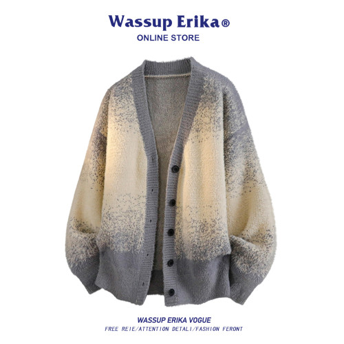 WASSUP ERIKA美式紥染漸變針織衫男女秋冬新款V領嬾惰風開衫毛衣
