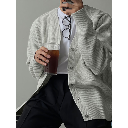 灰色針織衫秋冬男士新款純色簡約輕熟風開衫毛衣潮牌百搭休閒外套