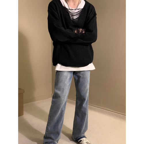 早秋美式小衆v領破洞設計感長袖毛衣男女薄款寬鬆休閒鏤空針織衫