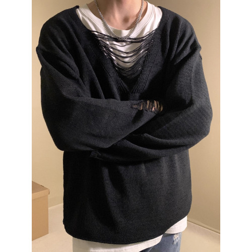 早秋美式小衆v領破洞設計感長袖毛衣男女薄款寬鬆休閒鏤空針織衫