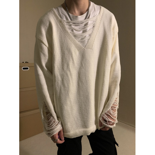 早秋美式小衆v領破洞設計感長袖毛衣男女薄款寬鬆休閒鏤空針織衫