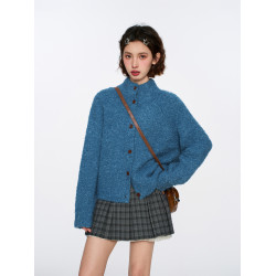 復古藍色半高領針織毛衣開衫女秋冬季寬松慵懶浣熊絨立領加厚外套