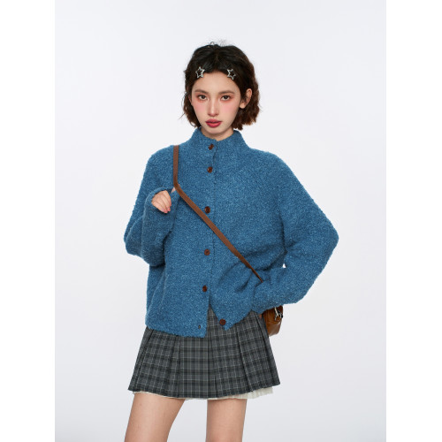 復古藍色半高領針織毛衣開衫女秋冬季寬松慵懶浣熊絨立領加厚外套