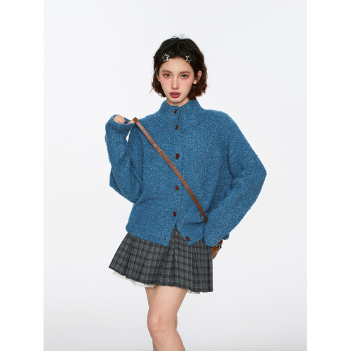復古藍色半高領針織毛衣開衫女秋冬季寬松慵懶浣熊絨立領加厚外套