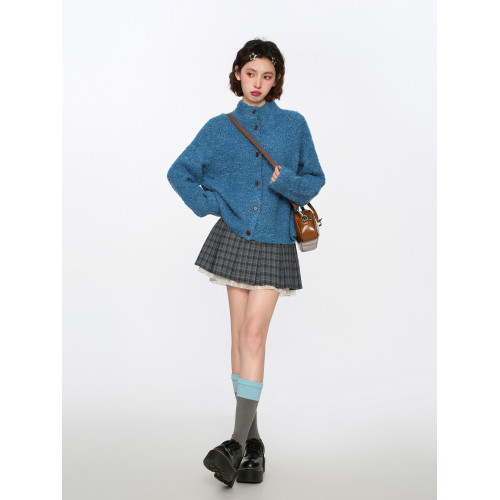 復古藍色半高領針織毛衣開衫女秋冬季寬松慵懶浣熊絨立領加厚外套