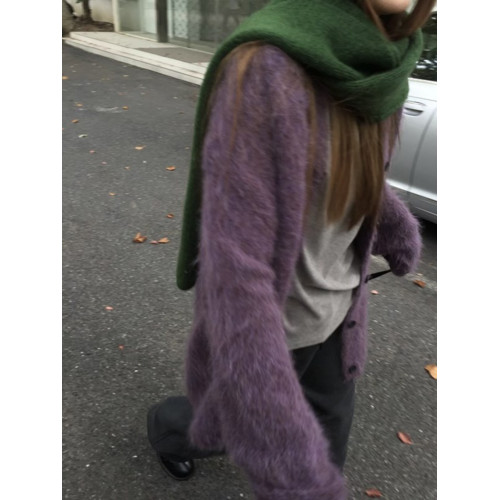 慵懶高級感葡萄紫色v領馬海毛毛衣外套女秋冬寬松水貂絨針織開衫