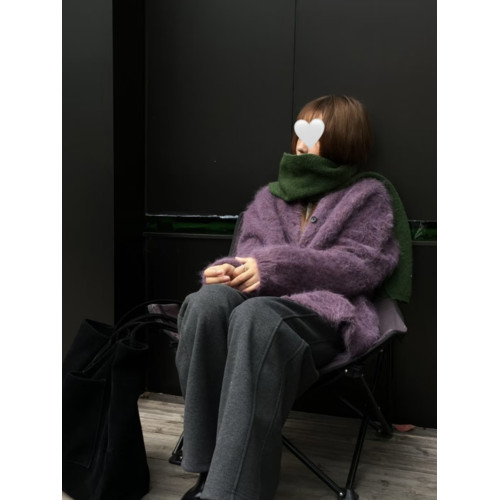 慵懶高級感葡萄紫色v領馬海毛毛衣外套女秋冬寬松水貂絨針織開衫
