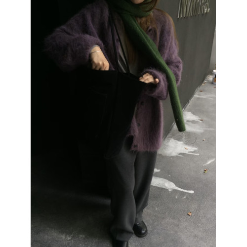 慵懶高級感葡萄紫色v領馬海毛毛衣外套女秋冬寬松水貂絨針織開衫