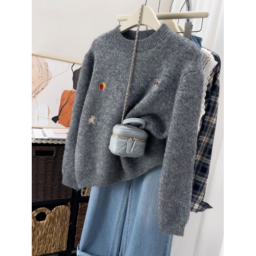 刺綉套頭毛衣韓系慵懶風女秋冬季巨好看的加厚寬松顯瘦針織衫上衣