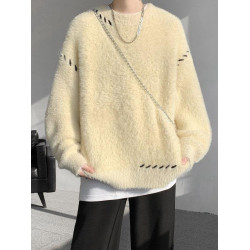 啄木鳥貂絨毛衣男秋冬季青少年慵嬾風潮流寬鬆百搭休閒純色針織衫