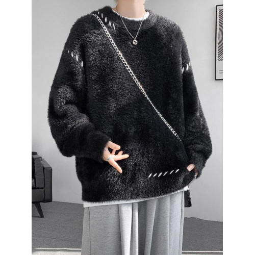 啄木鳥貂絨毛衣男秋冬季青少年慵嬾風潮流寬鬆百搭休閒純色針織衫