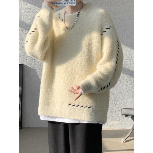 啄木鳥貂絨毛衣男秋冬季青少年慵嬾風潮流寬鬆百搭休閒純色針織衫