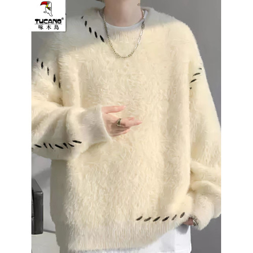 啄木鳥貂絨毛衣男秋冬季青少年慵嬾風潮流寬鬆百搭休閒純色針織衫