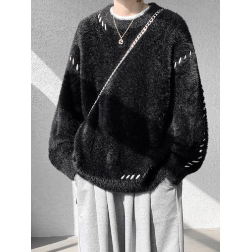 啄木鳥貂絨毛衣男秋冬季青少年慵嬾風潮流寬鬆百搭休閒純色針織衫