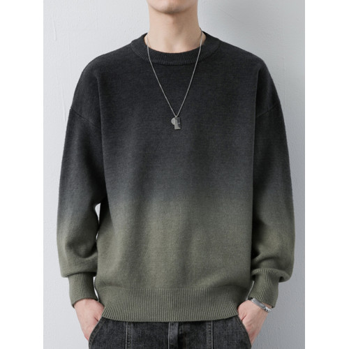 2025新款秋冬男士毛衣漸變色圓領潮牌青少年一體絨針織休閒打底衫