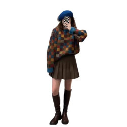 港味復古撞色格子加厚針織打底衫女內搭寬松慵懶圓領套頭毛衣上衣