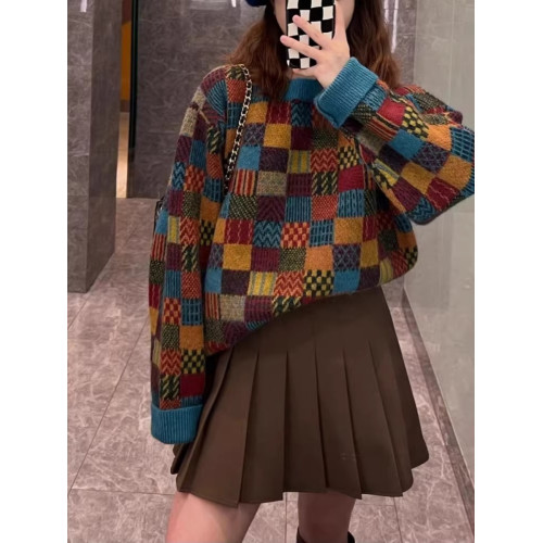 港味復古撞色格子加厚針織打底衫女內搭寬松慵懶圓領套頭毛衣上衣