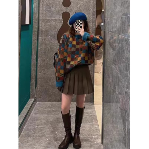 港味復古撞色格子加厚針織打底衫女內搭寬松慵懶圓領套頭毛衣上衣