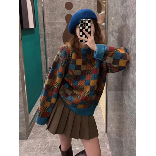 港味復古撞色格子加厚針織打底衫女內搭寬松慵懶圓領套頭毛衣上衣