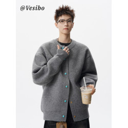 重磅開衫毛衣男冬季高街復古綠松石按釦外套美式寬鬆百搭休閒上衣