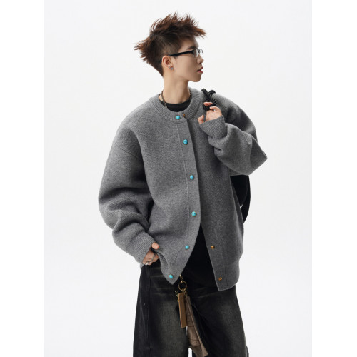 重磅開衫毛衣男冬季高街復古綠松石按釦外套美式寬鬆百搭休閒上衣