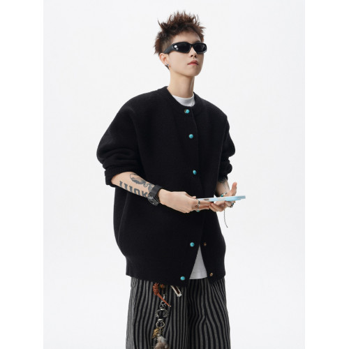 重磅開衫毛衣男冬季高街復古綠松石按釦外套美式寬鬆百搭休閒上衣