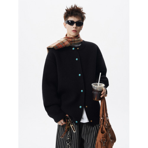 重磅開衫毛衣男冬季高街復古綠松石按釦外套美式寬鬆百搭休閒上衣