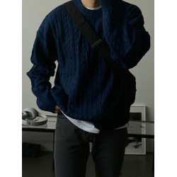 麻花紋毛衣男秋冬寬松慵懶風深藍色針織衫落肩圓領長袖百搭打底衫