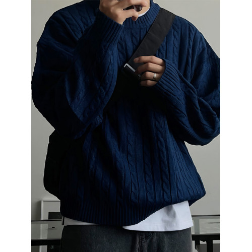 麻花紋毛衣男秋冬寬松慵懶風深藍色針織衫落肩圓領長袖百搭打底衫