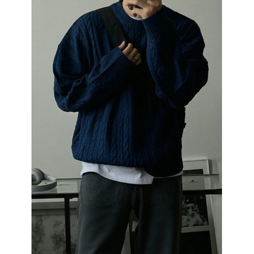 麻花紋毛衣男秋冬寬松慵懶風深藍色針織衫落肩圓領長袖百搭打底衫