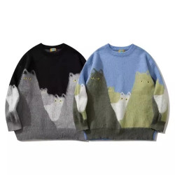 潮牌復古卡通貓咪提花圓領毛衣青年秋冬季寬鬆舒適百搭情侶針織衫