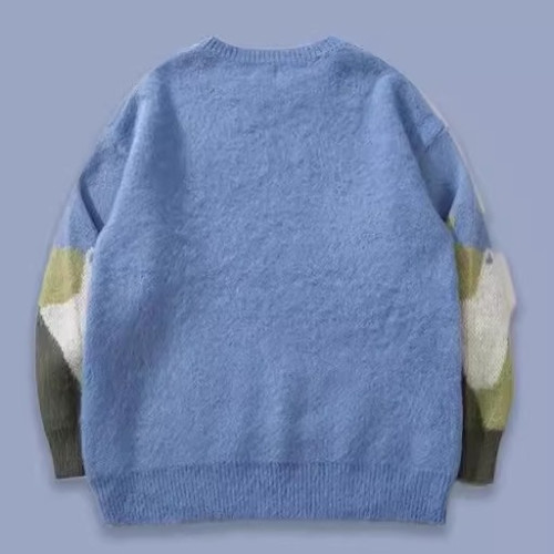 潮牌復古卡通貓咪提花圓領毛衣青年秋冬季寬鬆舒適百搭情侶針織衫