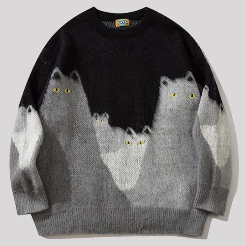 潮牌復古卡通貓咪提花圓領毛衣青年秋冬季寬鬆舒適百搭情侶針織衫
