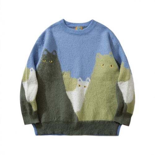 潮牌復古卡通貓咪提花圓領毛衣青年秋冬季寬鬆舒適百搭情侶針織衫