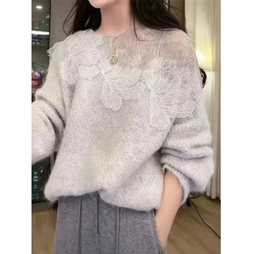 歐貨超好看立體花朵毛衣女秋冬大碼胖mm高級感寬松慵懶針織衫上衣