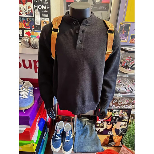 黑色亨利領毛衣男款冬季美式復古高級感針織衫cleanfit內搭打底衫