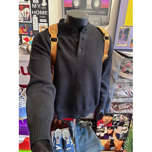 黑色亨利領毛衣男款冬季美式復古高級感針織衫cleanfit內搭打底衫