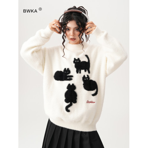 BWKA重磅馬海毛毛衣女男秋冬季潮牌寬松加厚針織衫慵懶風情侶上衣