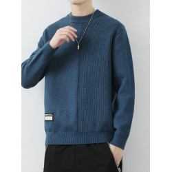 高級感拼接圓領毛衣男士打底衫秋冬季寬鬆日系簡約針織衫休閒線衣