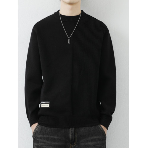 高級感拼接圓領毛衣男士打底衫秋冬季寬鬆日系簡約針織衫休閒線衣